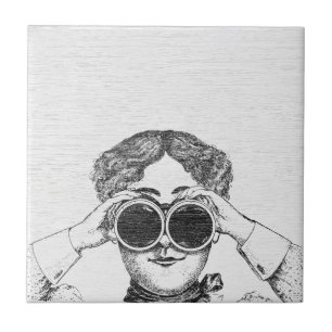 Vintage Victorian Woman - Binoculars Illustration Ceramic Tile