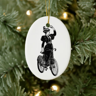 Vintage Victorian Woman Cyclist Antique Bicycle Ceramic Ornament