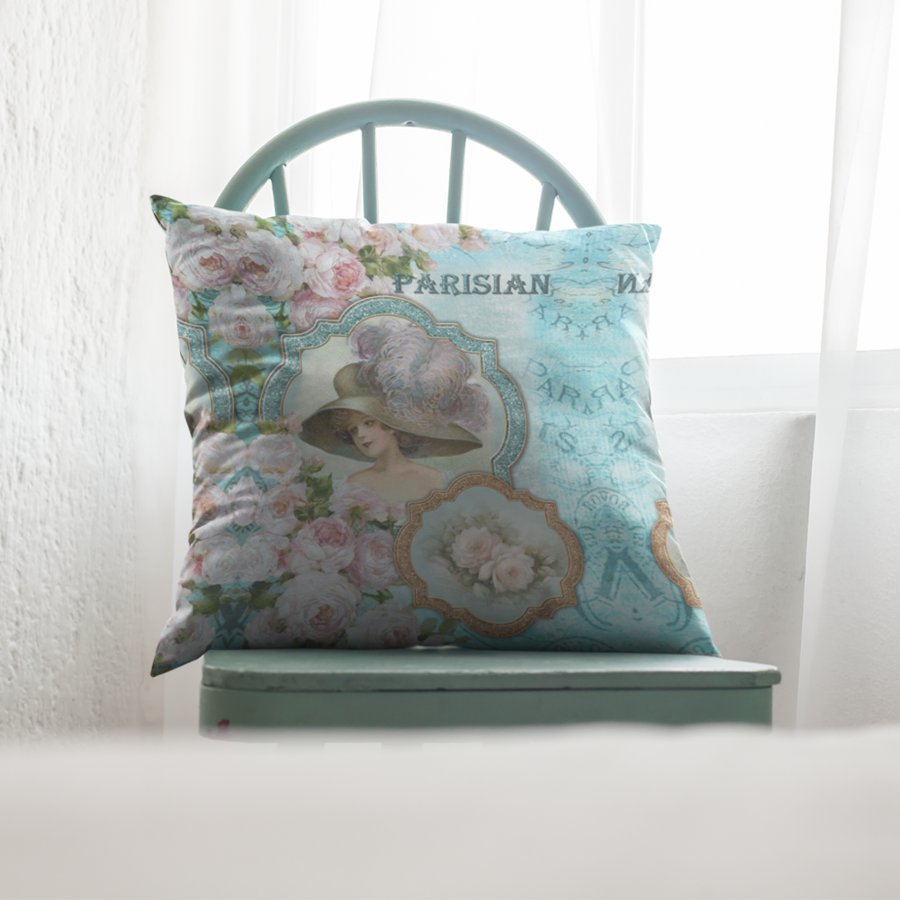 Vintage Victorian Woman Floral Roses Powder Blue Throw Pillow