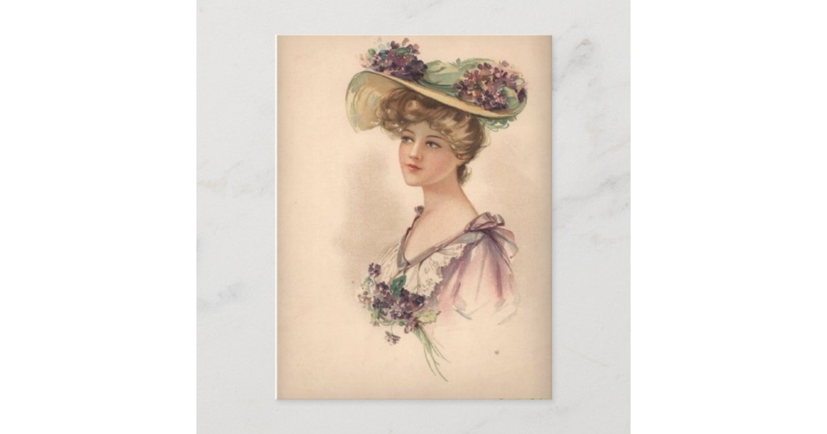 US Vintage 1900's Decorative Hat Box Label "Lady with flowers and  hat"