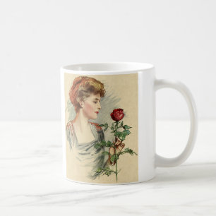 Vintage Victorian Woman Red Rose Flower Floral Coffee Mug