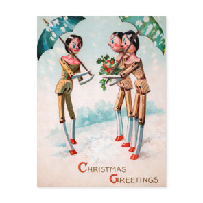 Vintage Victorian Wood Dolls Christmas Postcard