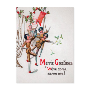 Vintage Victorian Wooden Dancing Christmas Dolls Postcard