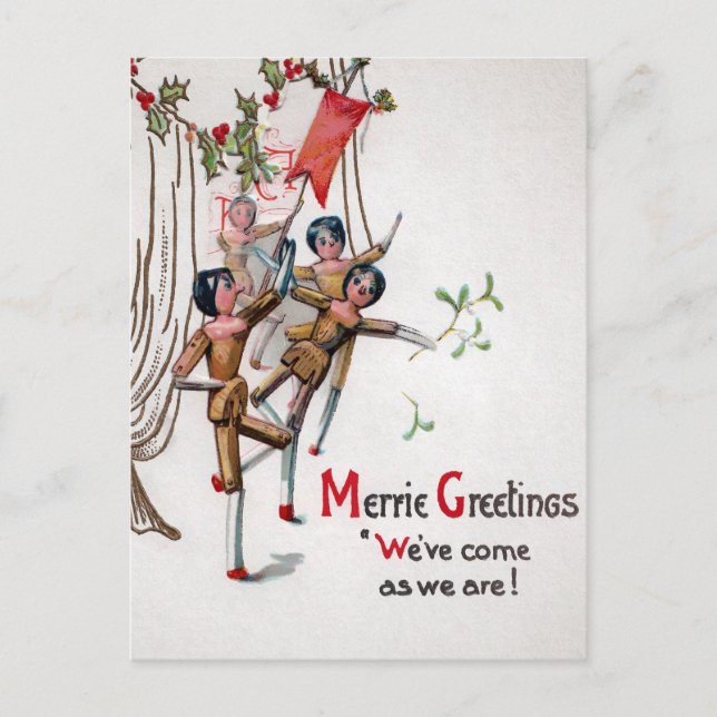 Vintage Victorian Wooden Dancing Christmas Dolls Postcard (Front)