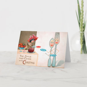 Vintage Victorian Wooden Doll Fork and Spoon Holiday Card