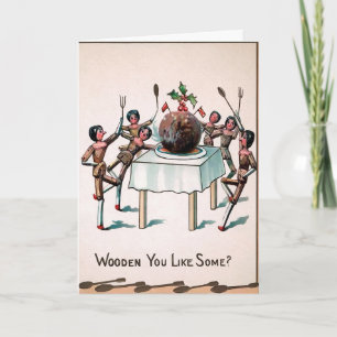 Vintage Victorian Wooden Dolls Plum Pudding Holiday Card
