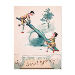 Vintage Victorian Wooden Dolls See-Saw Christmas Postcard