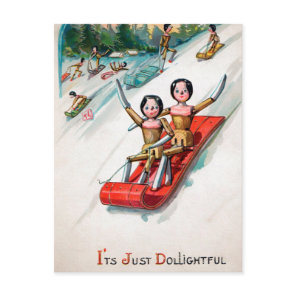 Vintage Victorian Wooden Dolls Sledding Christmas Postcard