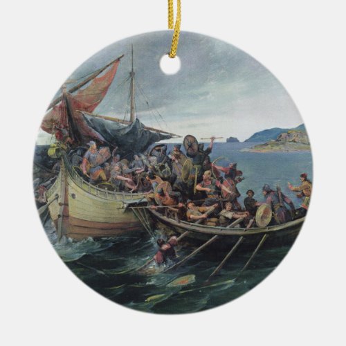 Vintage Viking Naval Battle Artwork Ceramic Ornament