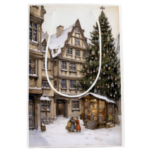 Vintage village Christmas tree gathering Tea Towel Medium Gift Bag