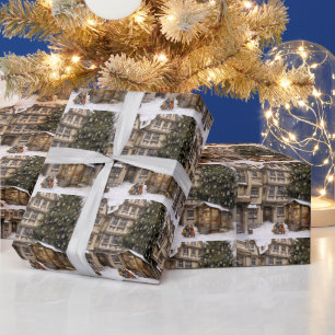 Vintage village Christmas tree gathering Tea Towel Wrapping Paper