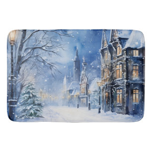 Vintage Village Snowstorm at Night Bath Mat
