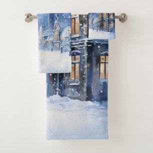 Vintage Village Snowstorm at Night Bath Towel Set