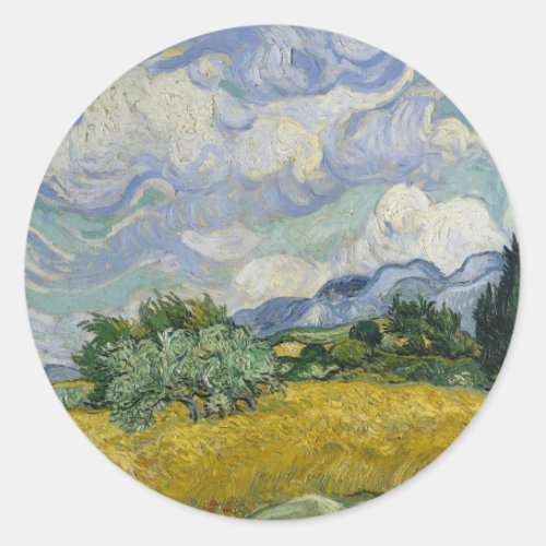 Vintage Vincent Van Gogh Wheat Field w Cypresses Classic Round Sticker