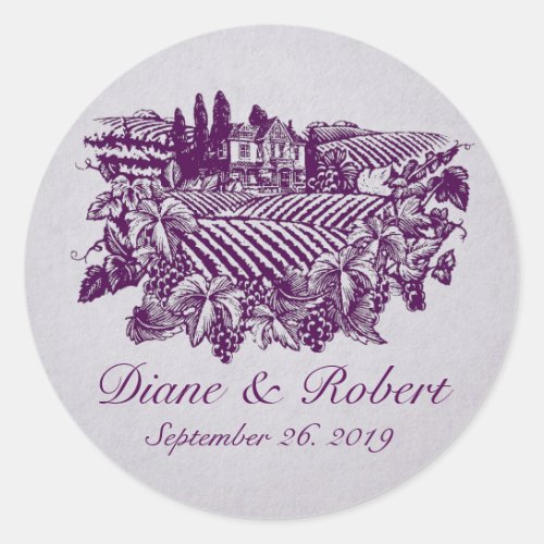 Vintage Vineyard Grapes Purple Custom Wedding Classic Round Sticker