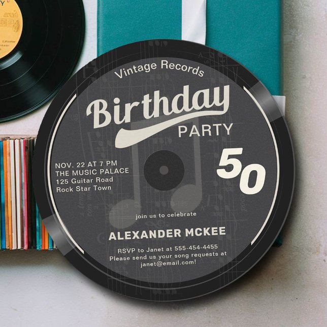 Vintage Vinyl Record Black White 70s 50th Birthday Invitation (mens 50th birthday party invitation music theme vinyl record notes black white)