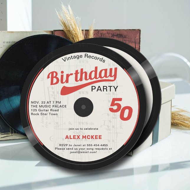 Vintage Vinyl Record Black White Red 50th Birthday Invitation (50th birthday party ideas music theme invitation vinyl record notes black white red)