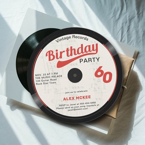 Vintage Vinyl Record Black White Red 60th Birthday Invitation