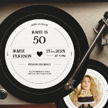 Vintage Vinyl Record Milestone Birthday Invitation<br><div class="desc">Add a touch of nostalgia to your birthday celebration with our personalized vinyl record birthday invitation. The retro design of this invitation is sure to impress your guests and set the tone for a fun, vintage-themed party. The invitation is shaped like a vinyl record and can be easily edited to...</div>