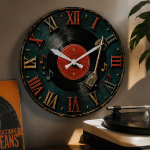 Vintage Vinyl Record Retro Turntable Large Clock