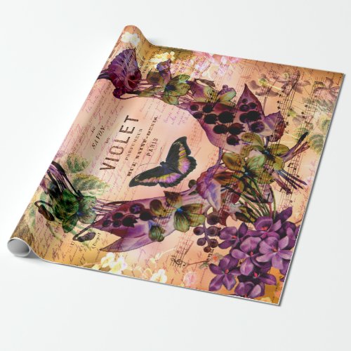 Vintage Violet Butterfly Ephemera Decoupage  Tissu Wrapping Paper