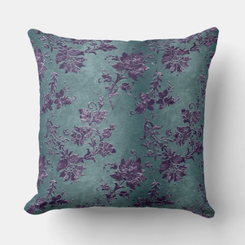 Vintage Violet Floral Damask Green Gray Pattern Throw Pillow