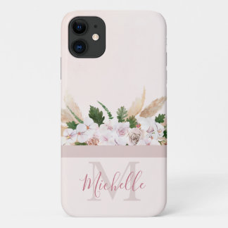 Vintage Violet Pink Rose Monogram and Name iPhone 11 Case