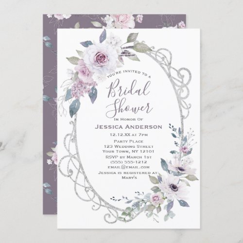 Vintage Violet Rose Silver Bridal Shower Invitation