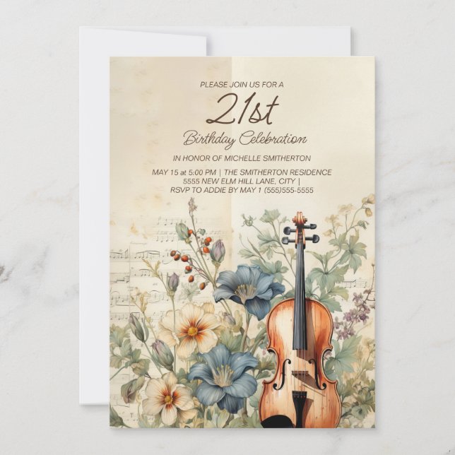 Vintage Violin Dusty Blue Flowers 21st Birthday Invitation (Front)