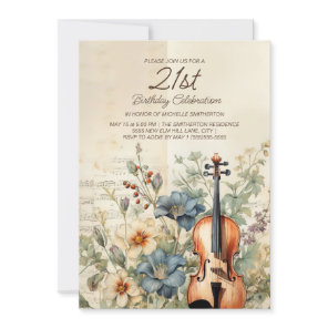 Vintage Violin Dusty Blue Flowers 21st Birthday Invitation