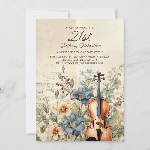 Vintage Violin Dusty Blue Flowers 21st Birthday Invitation