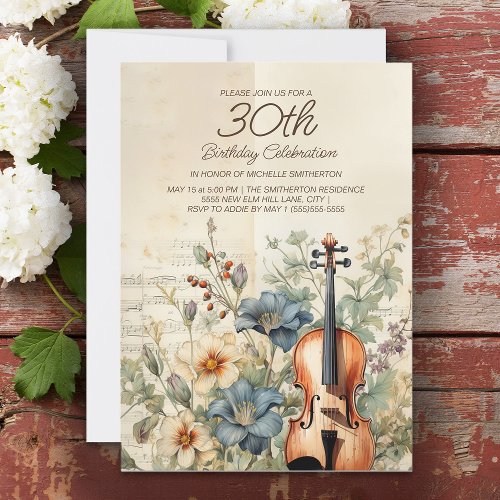 Vintage Violin Dusty Blue Flowers 30th Birthday Invitation
