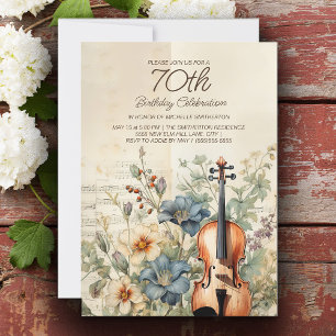 Vintage Violin Dusty Blue Flowers 70th Birthday Invitation