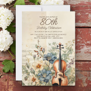Vintage Violin Dusty Blue Flowers 80th Birthday Invitation