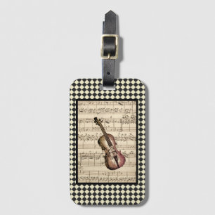 Vintage Violin Harlequin Border   Luggage Tag
