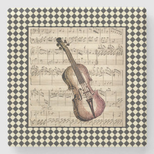 Vintage Violin Harlequin Border Stone Coaster