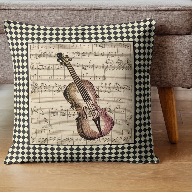 Vintage Violin Harlequin Border  Throw Pillow (Creator Uploaded)