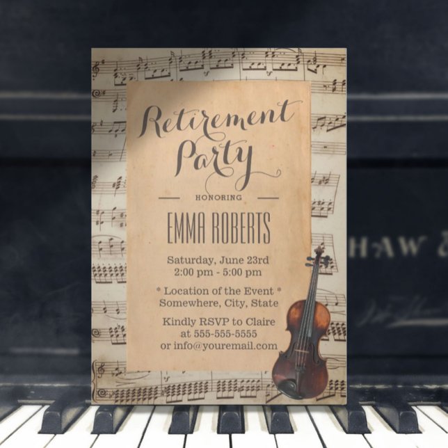 Vintage Violin Music Notes Musical Retirement Invitation (Creator Uploaded)