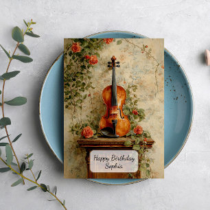 Vintage Violin with Roses Card
