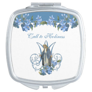 Vintage Virgin Mary Catholic Blue Floral Compact Mirror