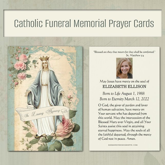 Vintage Virgin Mary Funeral Memorial Prayer (Traditional Catholic Vintage Funeral Memorial Prayer Card with Our Lady of Grace)