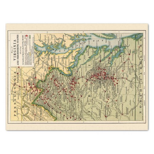 Vintage Virginia Civil War Battles Map Decoupage Tissue Paper