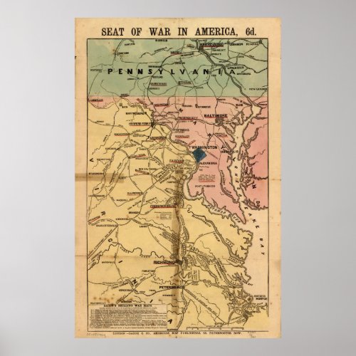 Vintage Virginia Civil War Map 1863 Poster
