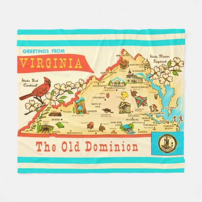Vintage Virginia Map Postcard Fleece Blanket (Front (Horizontal))