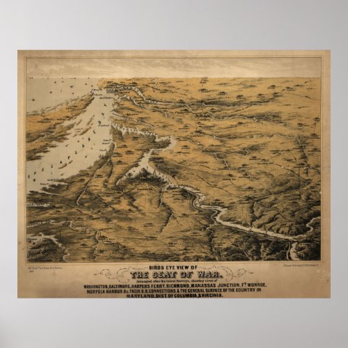 Vintage Virginia  Maryland Civil War Map 1861 Poster
