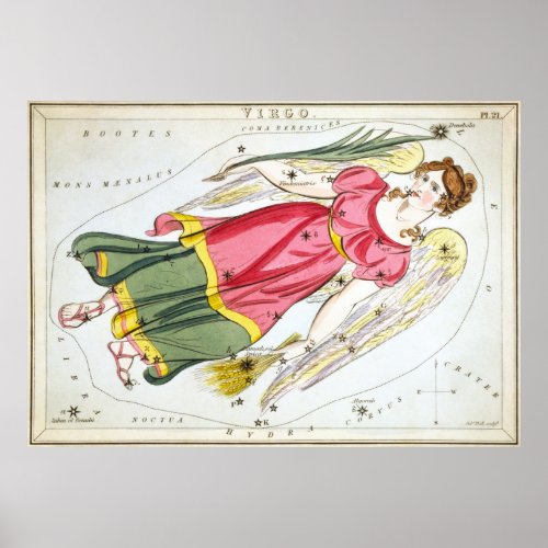 Vintage Virgo Constellation Map 1825 Poster