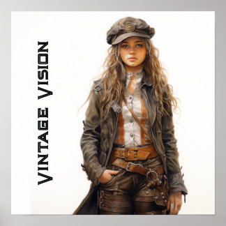 Vintage Vision Steampunk Young Woman Retro Poster