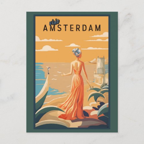 Vintage Visit Amsterdam Dutch Woman Travel Tourism Postcard