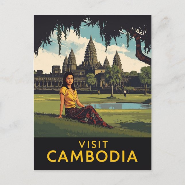 Vintage Visit Cambodia Angkor Wat Travel Postcard (Front)
