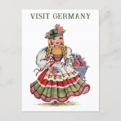 Vintage Visit Germany German Woman Travel Postcard